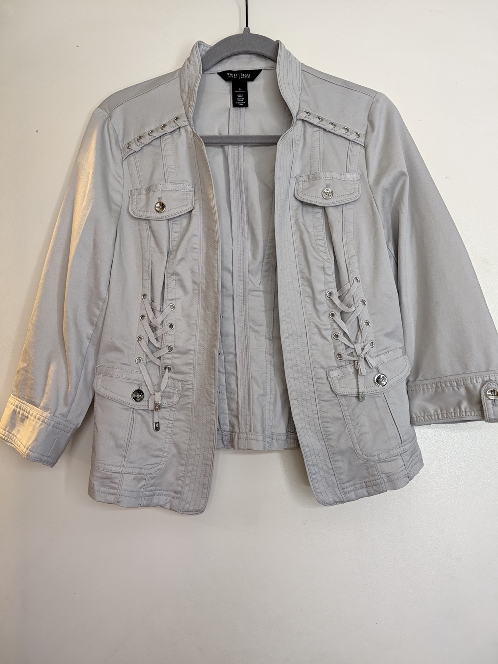 White House Black Market Light Gray Lace-Up Utility Jacket